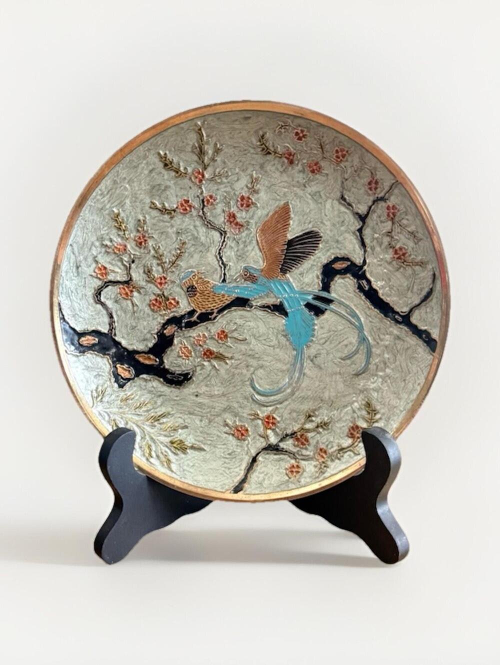 Vintage Collectible Brass  Plate Enamel Cloisonne Birds India 7x7" Diameter